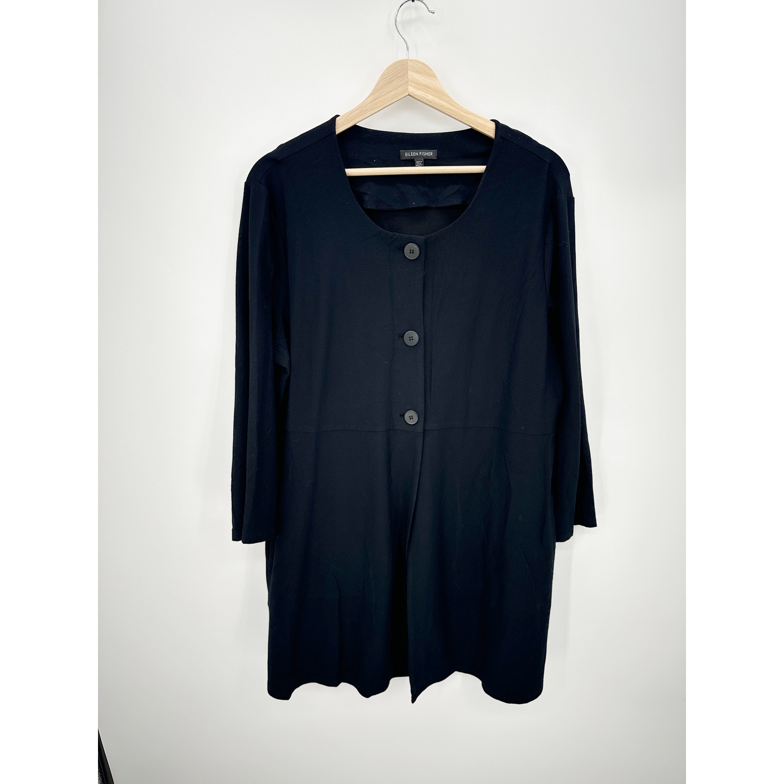 Eileen Fisher Button Front Cardigan Women Large Black Long Viscose Nylon Artsy
